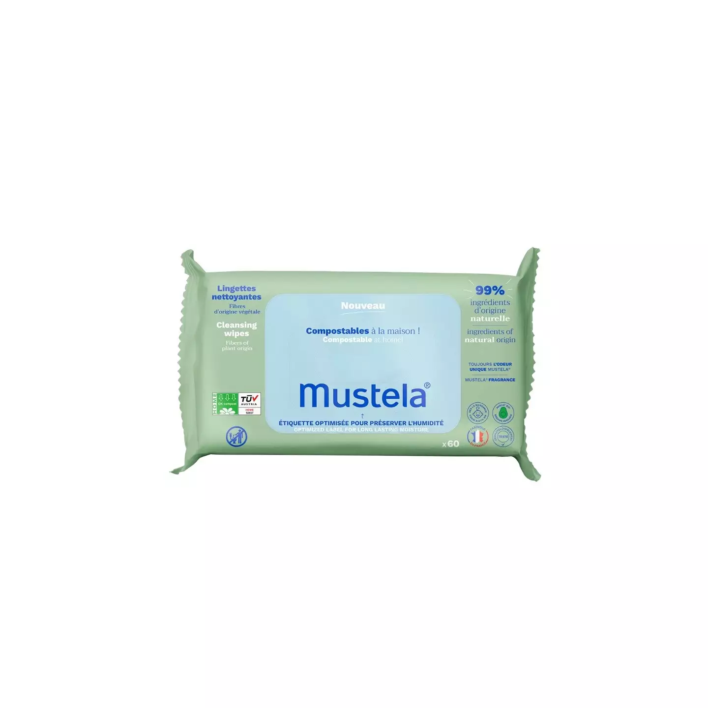 Mustela Lingettes Nettoyantes Compostables Naturelle 60 Pièces Bébé 97% Naturel 0% Plastique Dès Naissance