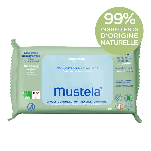 Mustela Lingettes Nettoyantes Compostables Naturelle 60 Pièces Bébé 97% Naturel 0% Plastique Dès Naissance - Image 2