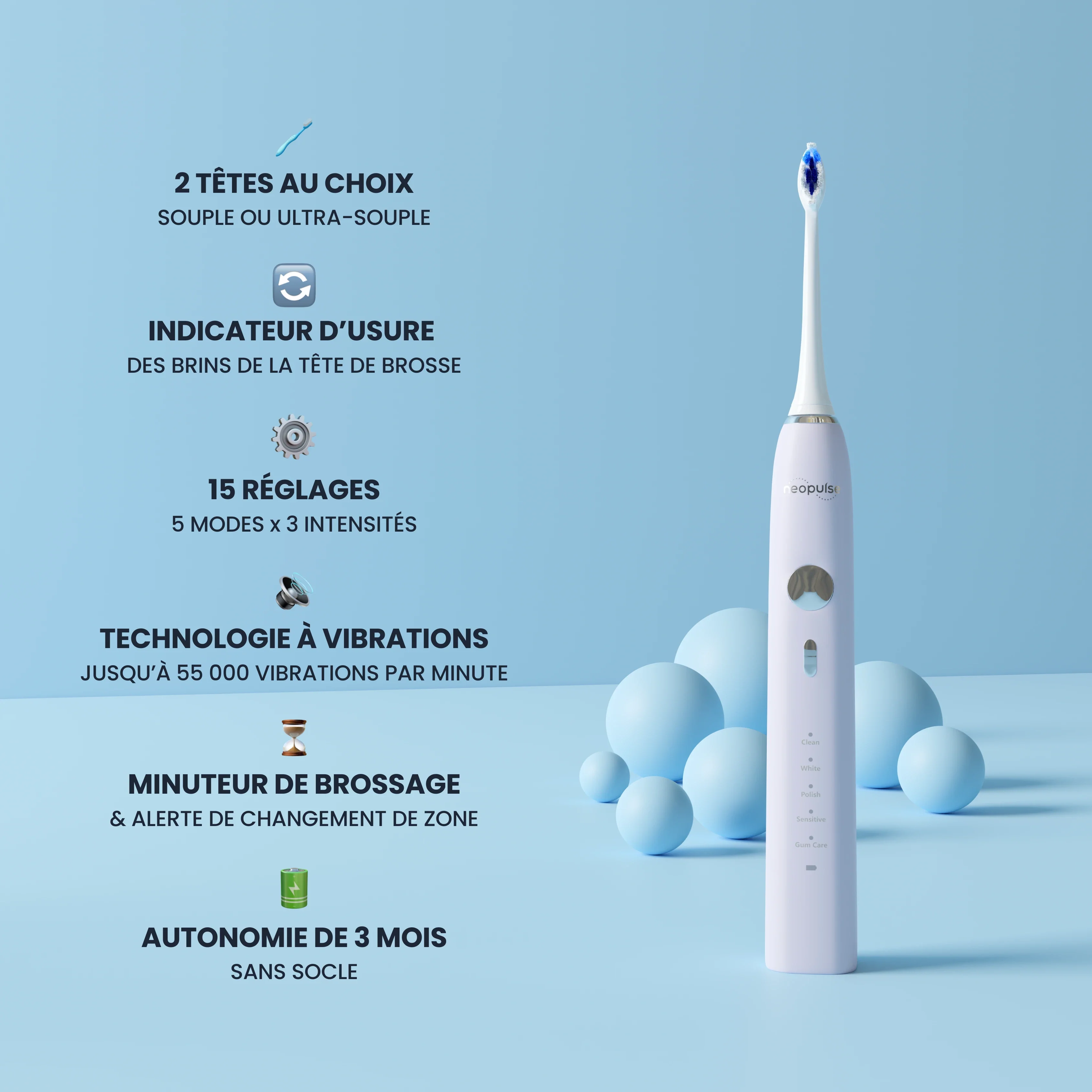 NEOPULSE Brosse à Dents Électrique NeoSonic Blanche Sonique Nettoyage Profond Dents Blanches - Image 4