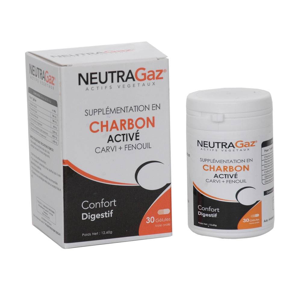 NEUTRAGAZ Charbon Activé 30 Gélules Troubles Digestifs Ballonnements Flatulences Spasmes Confort Intestinal