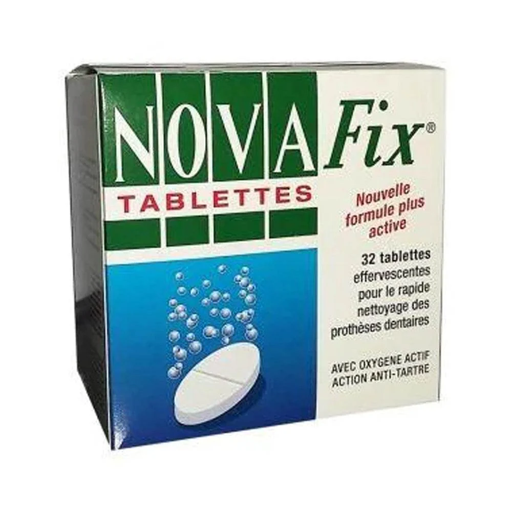 NOVAFIX Tablettes 32 Nettoyage Rapide Prothèses Dentaires Désinfectant Antibactérien Fraîcheur Haleine