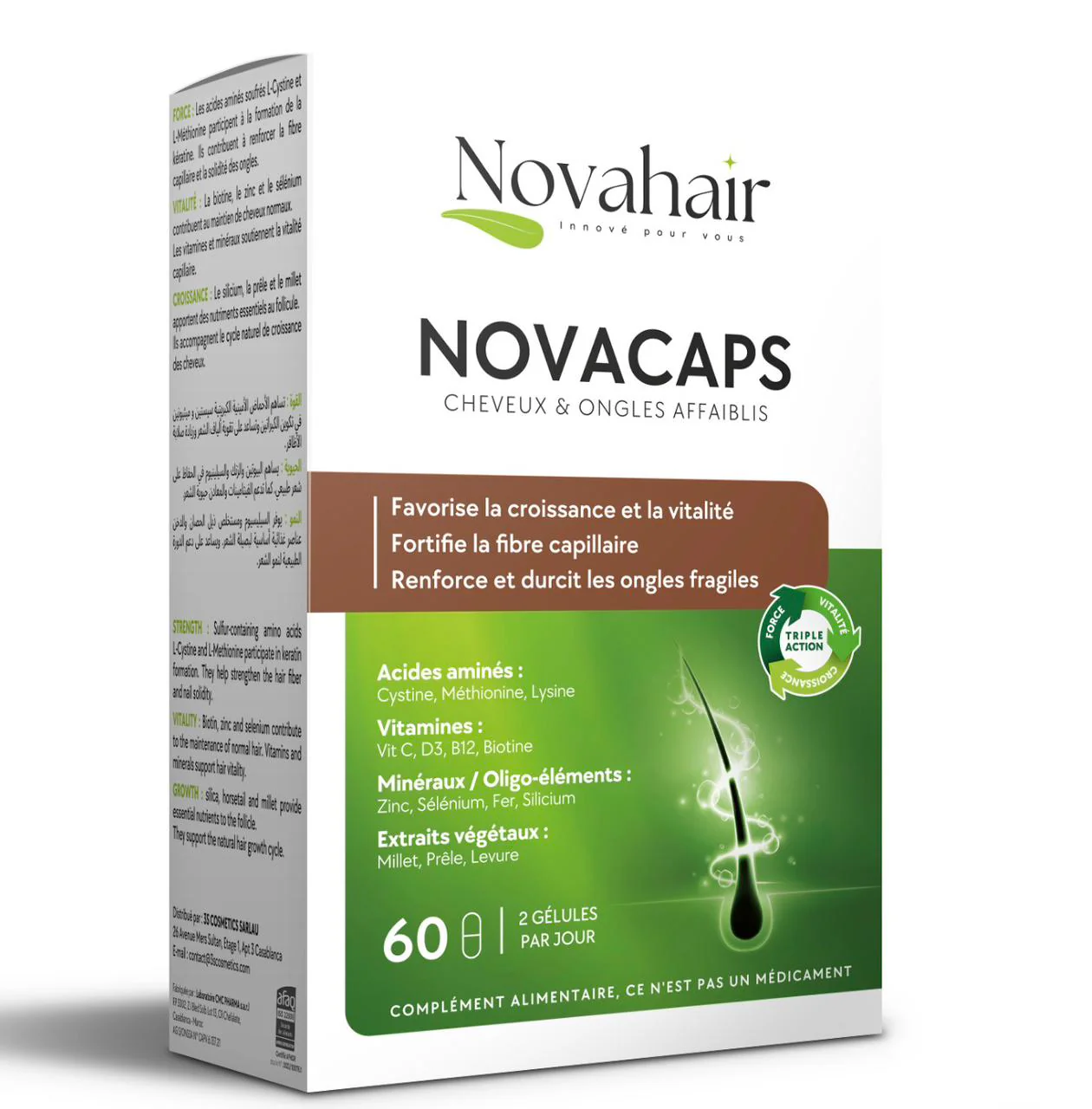 NOVAHAIR NOVACAPS Cheveux & Ongles Affaiblis 60 Gélules Complément Alimentaire Biotine Kératine Fortifiant Croissance