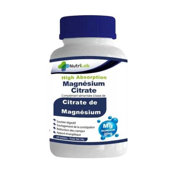 NUTRILAB Magnésium Citrate 300mg 60 Gélules Complément Alimentaire Magnésium Citrate Stress Sommeil Muscles Relaxation Énergie