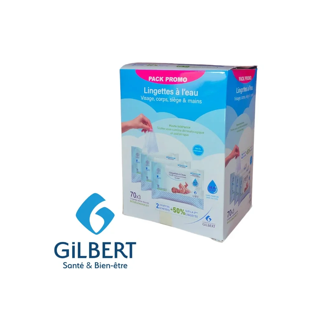 GILBERT Pack Lingettes à l'Eau 3x70 Pièces Bébé Ultra-Pures