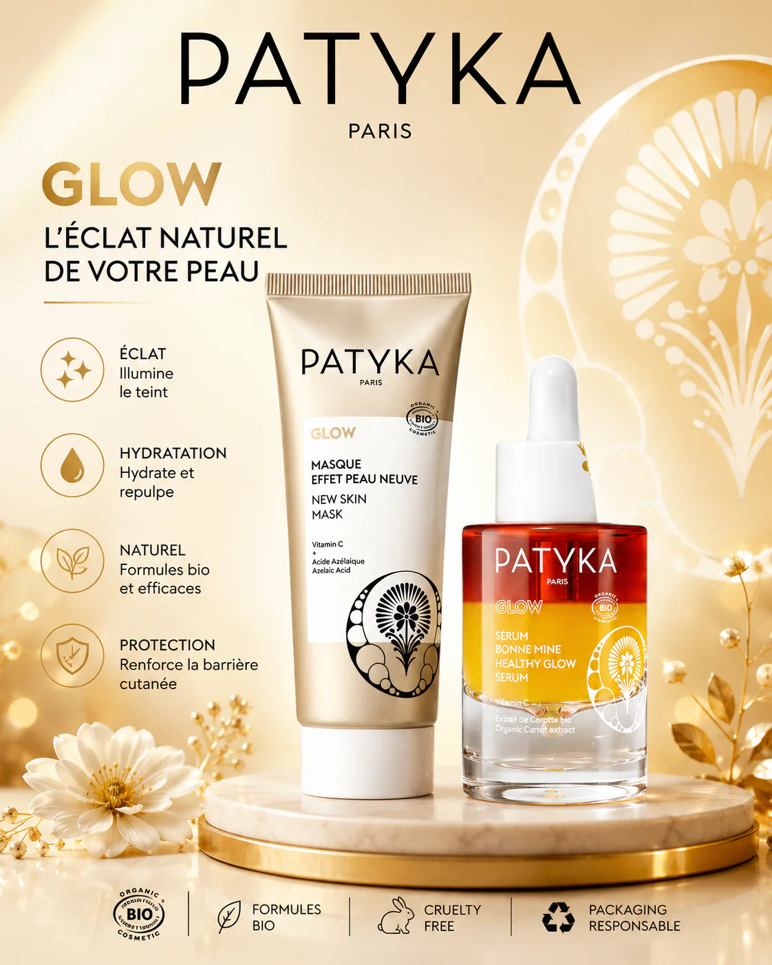 PATYKA Coffret Glow Sérum Éclat 30ml + Masque Effet Peau Neuve 50 ML Duo Luminosité Bio