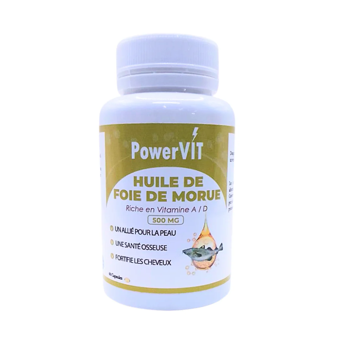 POWERVIT Huile de Foie de Morue 500mg 60 Gélules Oméga-3 Vitamines A D Immunité Croissance Vision Os Solides