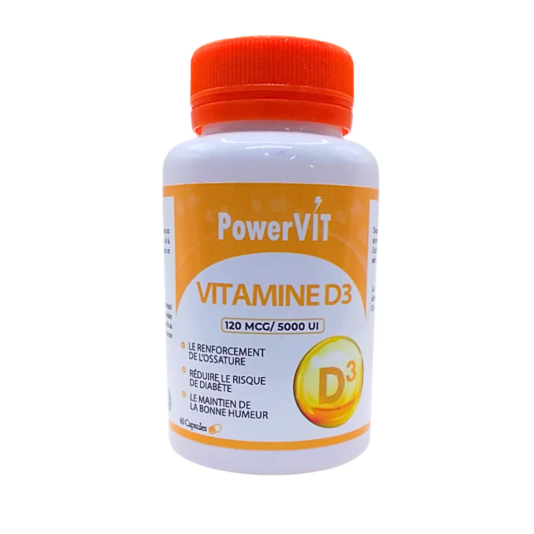 POWERVIT Vitamine D3 5000UI 60 Capsules Os Solides Immunité Renforcée Absorption Calcium Vitalité