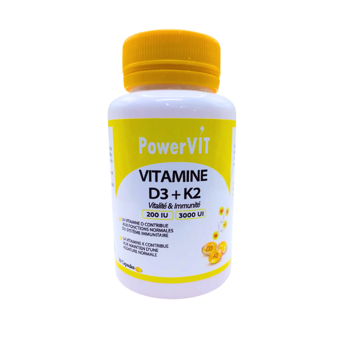 POWERVIT Vitamine D3+K2 30 Capsules Synergie Os Solides Cardiovasculaire Immunité Calcium