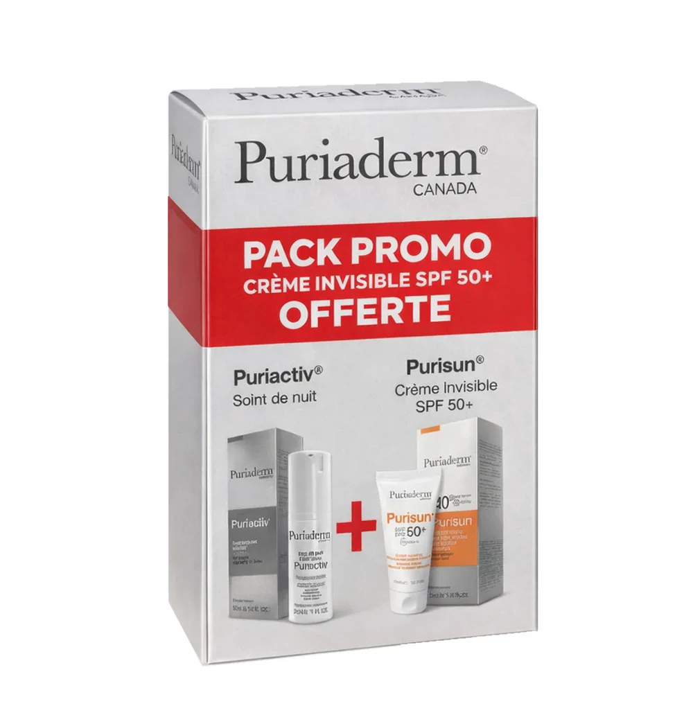 PURIADERM Pack Promo Puriactiv Soin de Nuit + Purisun Crème Invisible SPF50+ OFFERTE Routine Complète
