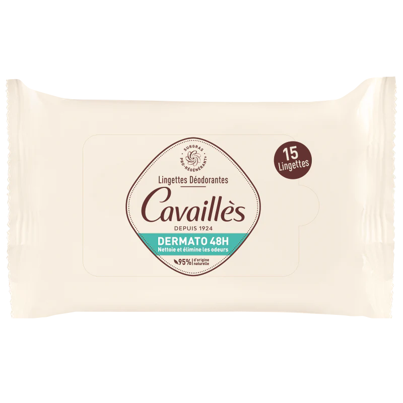 ROGÉ CAVAILLÈS Lingettes Déodorant Dermato 48h 15 Unités Peaux Sensibles Fraîcheur Hygiène