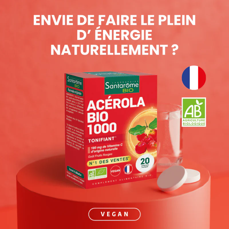 SANTAROME Acérola 1000 Tube 20 Comprimés Vitamine C Naturelle Immunité Vitalité Fatigue - Image 2