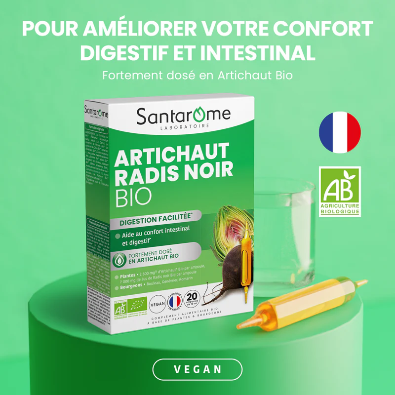 SANTAROME Artichaut BIO Radis Noir BIO 20 Ampoules 2500mg Foie Détoxification Digestion Drainage - Image 2