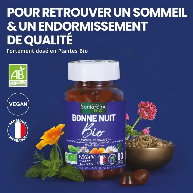 SANTAROME BIO Bonne Nuit 60 Gummies Sommeil Relaxation Endormissement Pavot Californie Naturel - Image 2