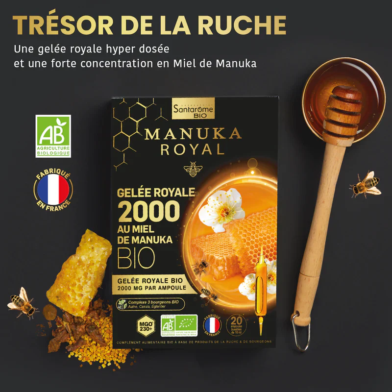 SANTAROME Gelée Royale Miel Manuka BIO 2000mg 20 Ampoules Vitalité Immunité Énergie Antioxydant - Image 2
