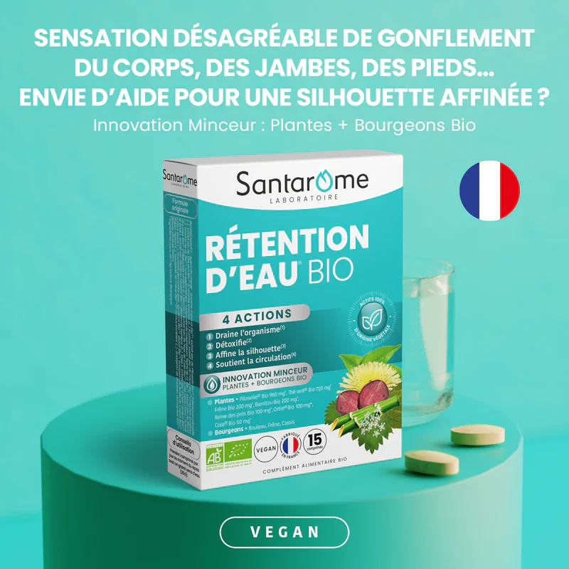 SANTAROME Rétention Eau BIO 15 Comprimés Drainage Détoxification Circulation Jambes Légères Amincissement - Image 2