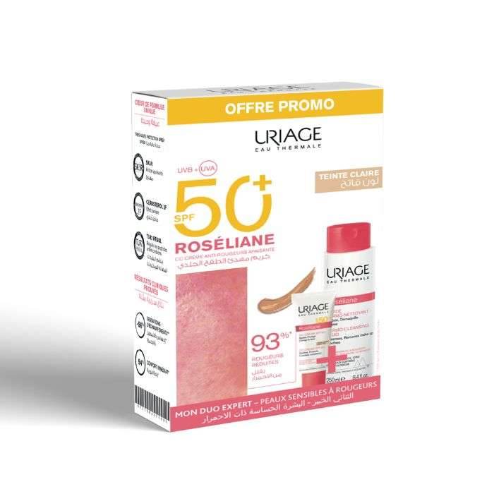 URIAGE Coffret Roseliane CC Crème SPF 50+ + Dermo Nettoyant 250ml - Coffret Anti-Rougeurs Protection Solaire