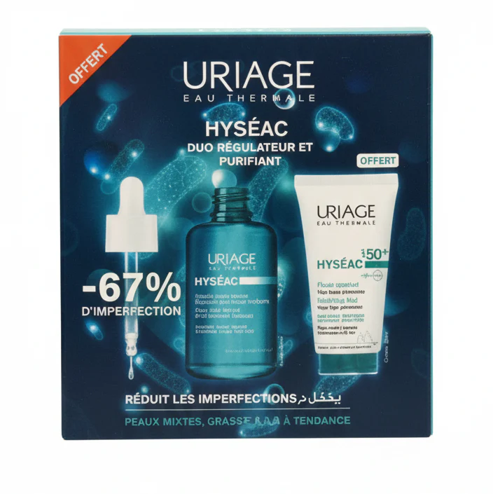 URIAGE PACK Hyséac Sérum Peau Neuve 30ml = hyséac fluid spf50 50ml Duo Régulateur et Purifiant Gel Nettoyant