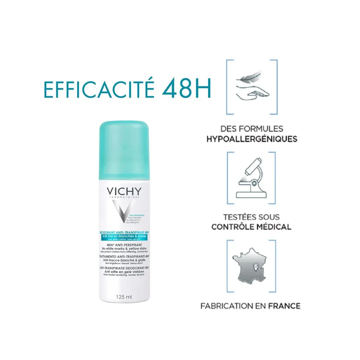 VICHY Déodorant Aérosol Anti-Transpirant 48H Anti-Traces Jaunes et Blanches 125ml - Image 3