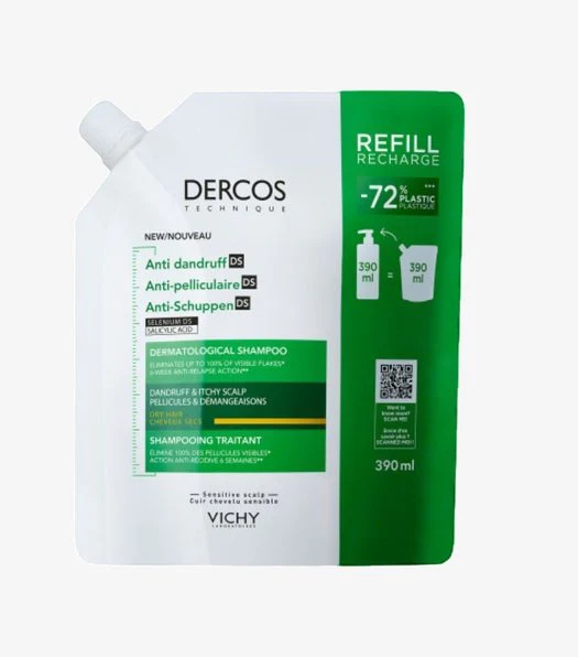VICHY Dercos Eco-Recharge Shampoing Anti-Pelliculaire Cheveux Secs Éco-Responsable 390 ml