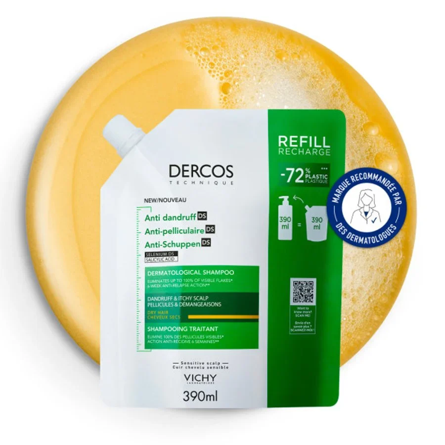 VICHY Dercos Eco-Recharge Shampoing Anti-Pelliculaire Cheveux Secs Éco-Responsable 390 ml - Image 2