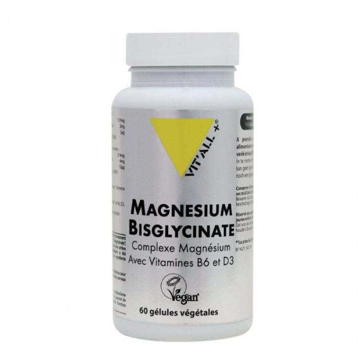 VITALL+ Magnésium Bisglycinate 200mg 60 Gélules Vitamine B6 D3 Haute Absorption Anti-Stress Détente Musculaire Immunité